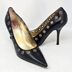 Hale Bob 7.5 black leather pumps rhinestone grommets heels punk goth